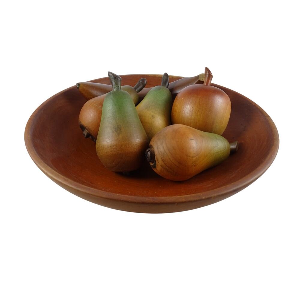 Vintage Crafts of 9 States Wood Fruit Bowl Set & Carved Fruit Centerpiece MCM